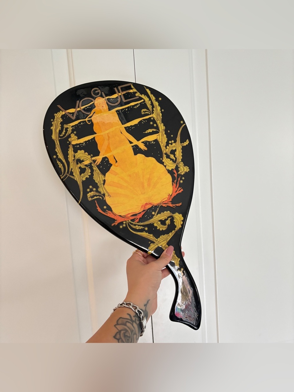 Vintage Decoupage Vogue Art Nouveau Style Hand Held Vanity Mirror - Signed